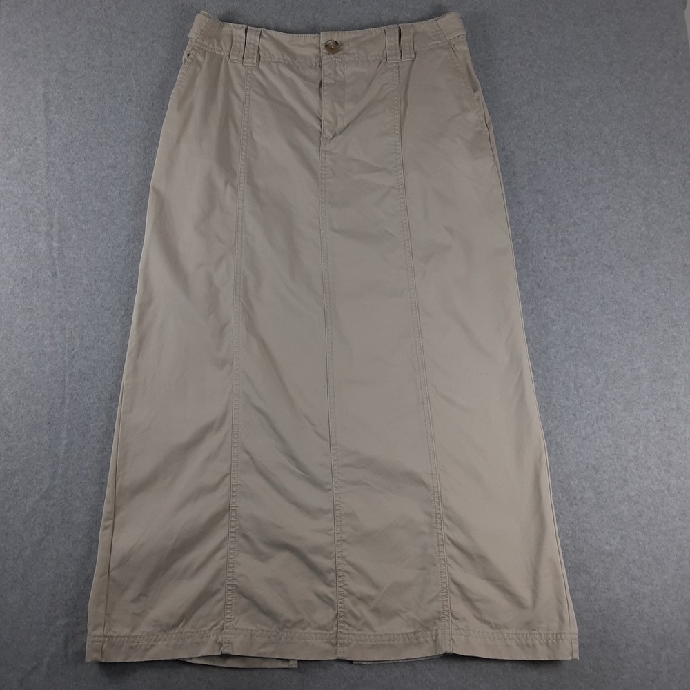 Eddie Bauer Womens Khaki Tan Cotton Twill Maxi Skirt Utility Back Slit Size 8